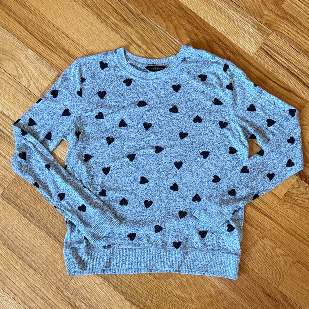 Lucky Brand Gray Sweater with Black Heart Pattern